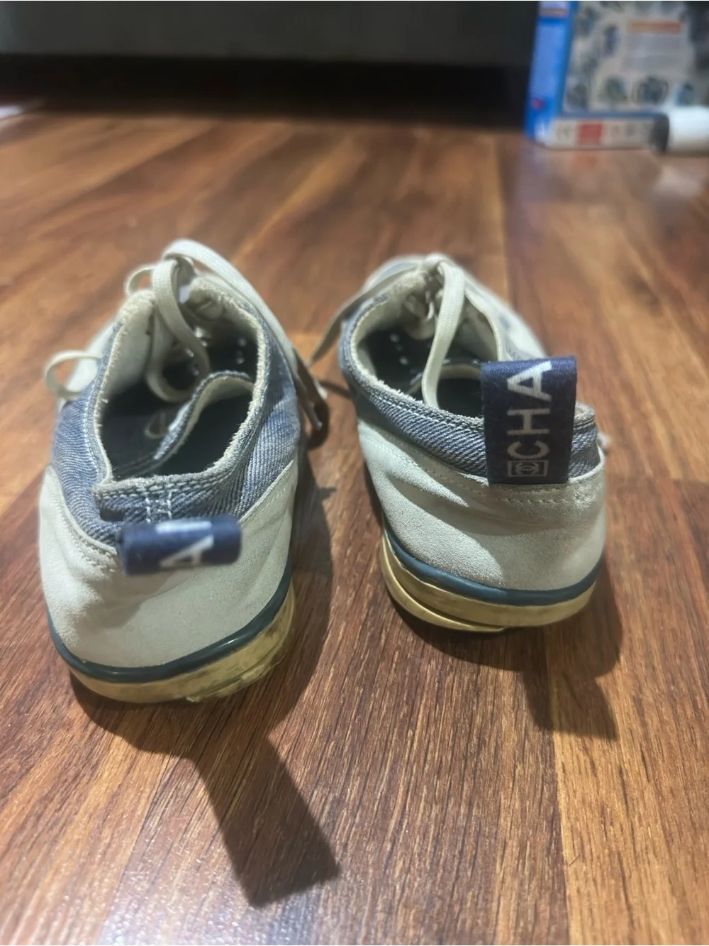 Chanel women’s shoes- Denim-Look Lace-Up Sneakers - Blue and white